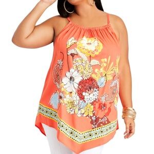 Ashley Stewart Handkerchief Tank Coral with Floral Print Sz 18/20 NWT